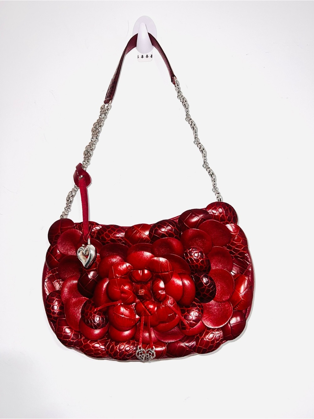 Brighton ROSALIE Bag Purse RED LEATHER Flower 3D Petals Silver Chain Appliqué